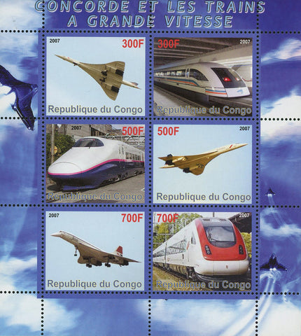 Congo Concorde and High Speed Train Transportation Souvenir Sheet of 6 Stamps Mi