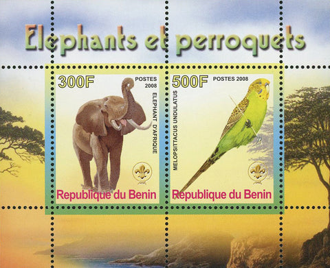 Benin Elephant and Parrot Wild Animal Bird Melopsittacus Souvenir Sheet of 2 Sta