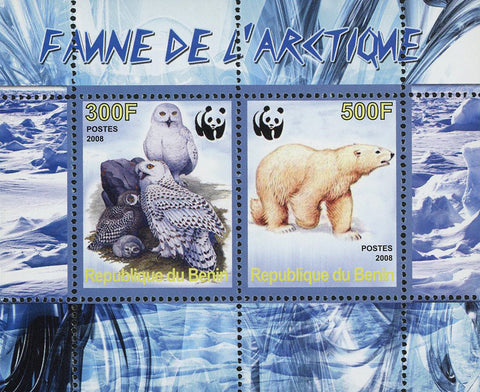 Benin Antarctic Fauna Owl Polar Bear Snow Ice WWF Souvenir Sheet of 2 Stamps MNH