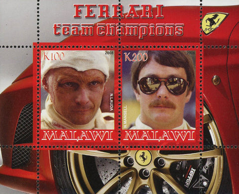 Malawi Ferrari Luxury Sport Car Team Champions Sov. Sheet of 2 Stamps Mint NH