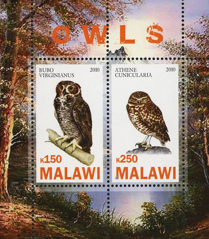 Malawi Owl Bird Prey Bubo Virginianus Souvenir Sheet of 2 Stamps Mint NH