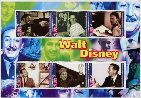 Congo Walt Disney Famous People Historic Souvenir Sheet of 6 Stamps Mint NH