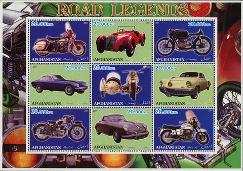 Afghanistan Road Legends Motorcycle Classic Car Souvenir Sheet of 9 Stamps Mint