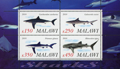 Malawi Shark Fish Ocean Fauna Marine Life Souvenir Sheet of 4 Stamps Mint NH