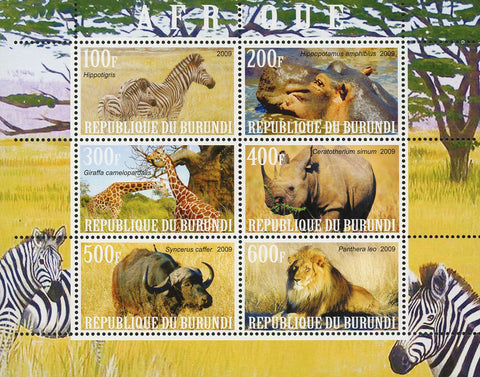 Africa Zebra Rhino Giraffe Lion Wild Animal Souvenir Sheet of 6 Stamps MNH