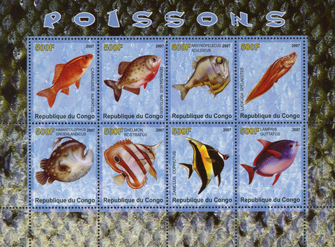 Congo Fish Marine Life Zanclus Carassius Lampris Souvenir Sheet of 8 Stamps Mint