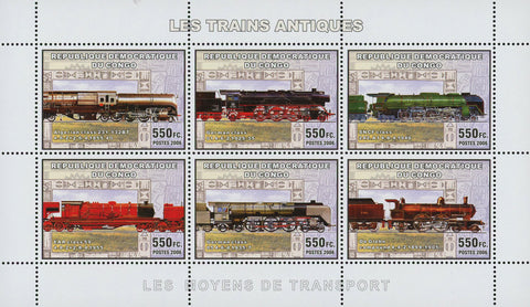 Antique Train Locomotive Classic Transportation Souvenir Sheet of 6 Stamps MNH