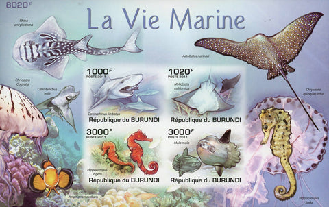 Marine Life Ocean Fauna Sea Horse Imp. Souvenir Sheet of 4 Stamps Mint NH