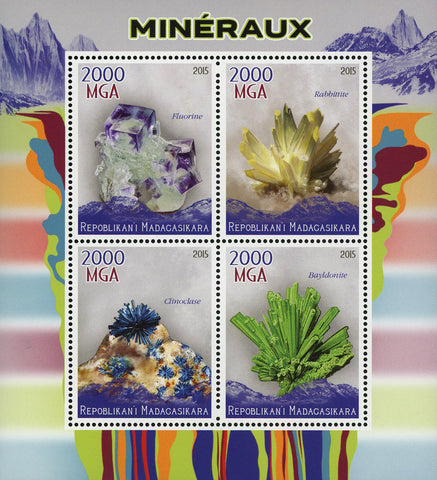 Mineral Fluorine Rabbittite Clinoclase Bayldonite Sov. Sheet of 4 Stamps MNH