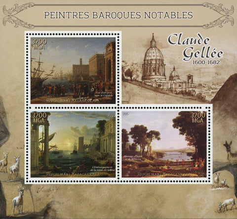 Claude Gellee Barroque Painter Art Sov. Sheet of 3 Stamps MNH