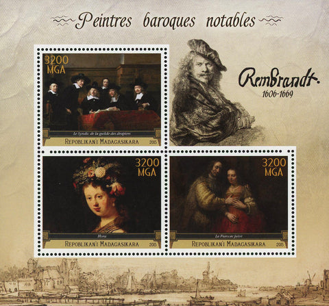 Barroque Painter Rembrandt Art Sov. Sheet of 3 Stamps MNH