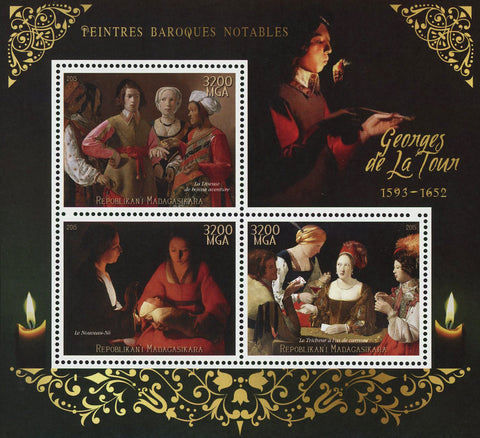 George de la Tour Barroque Painter Art Sov. Sheet of 3 Stamps MNH