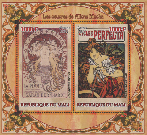 Alphonse Mucha Paintings Art Painter Sov. Sheet of 2 Stamps MNH