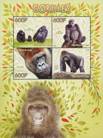 Congo Gorilla Beringei Wild Animal Souvenir Sheet of 4 Stamps Mint NH