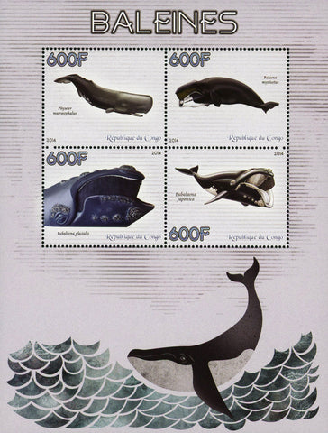 Congo Whale Marine Fauna Souvenir Sheet of 4 Stamps Mint NH