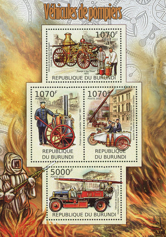 Firefighters Vehicles Fireman Souvenir Sheet of 4 Stamps MNH