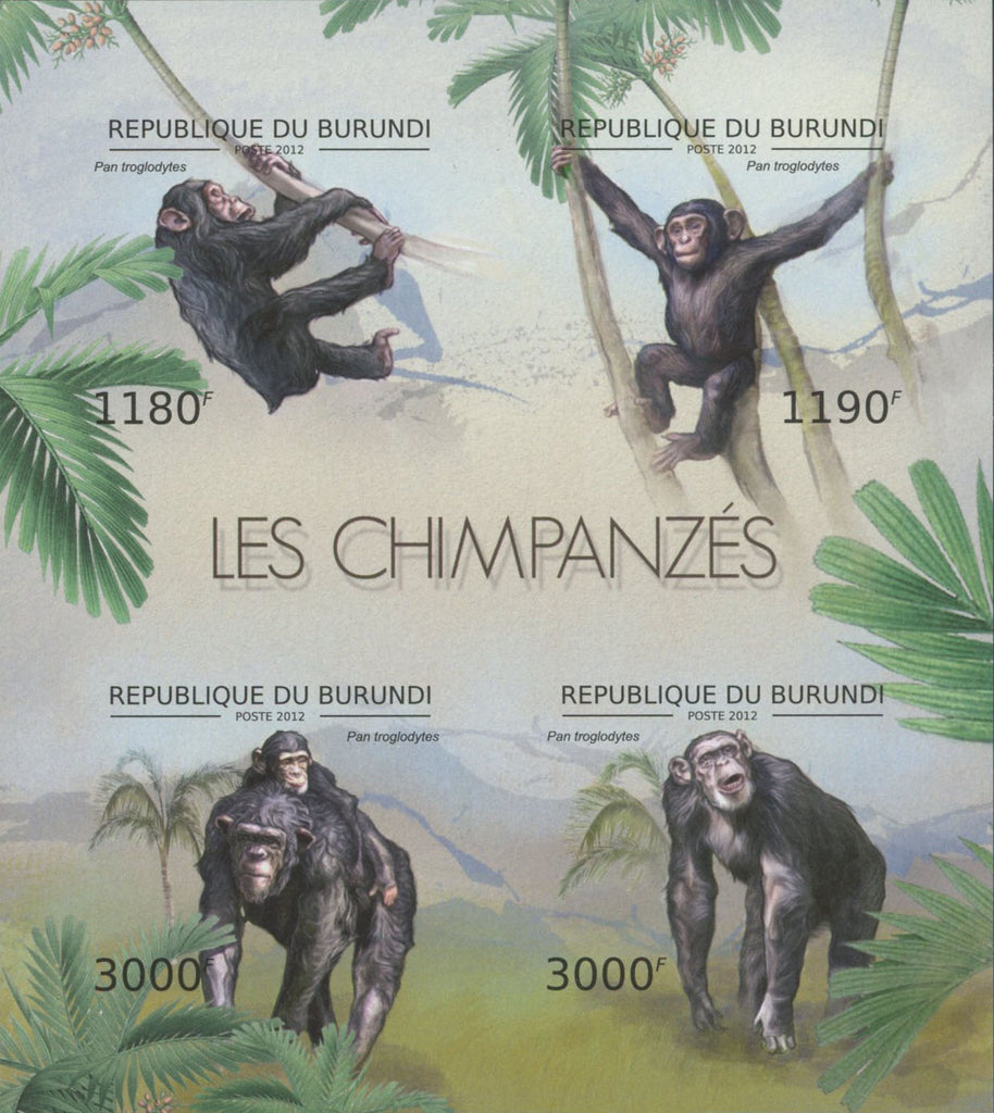 Chimpanzees Monkeys Imperforated Souvenir Sheet of 4 Stamps Mint NH
